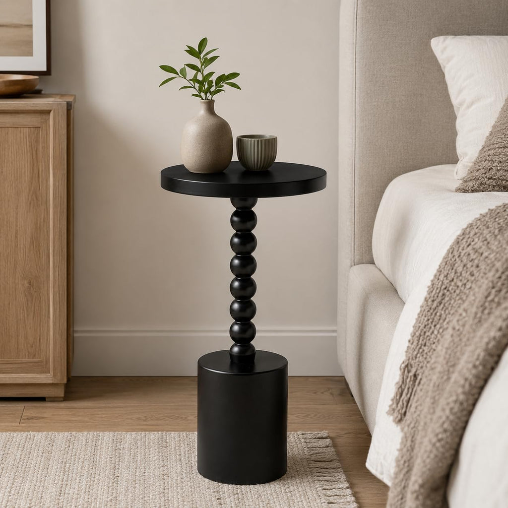 COZAYH Black Wood End Table with Round Top and Decorative Beaded Pedestal, Modern Accent Side Table Drink Table for Living Room, Small Spaces
