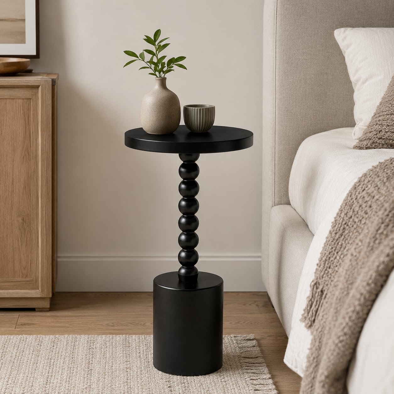 COZAYH Black Wood End Table with Round Top and Decorative Beaded Pedestal, Modern Accent Side Table Drink Table for Living Room, Small Spaces