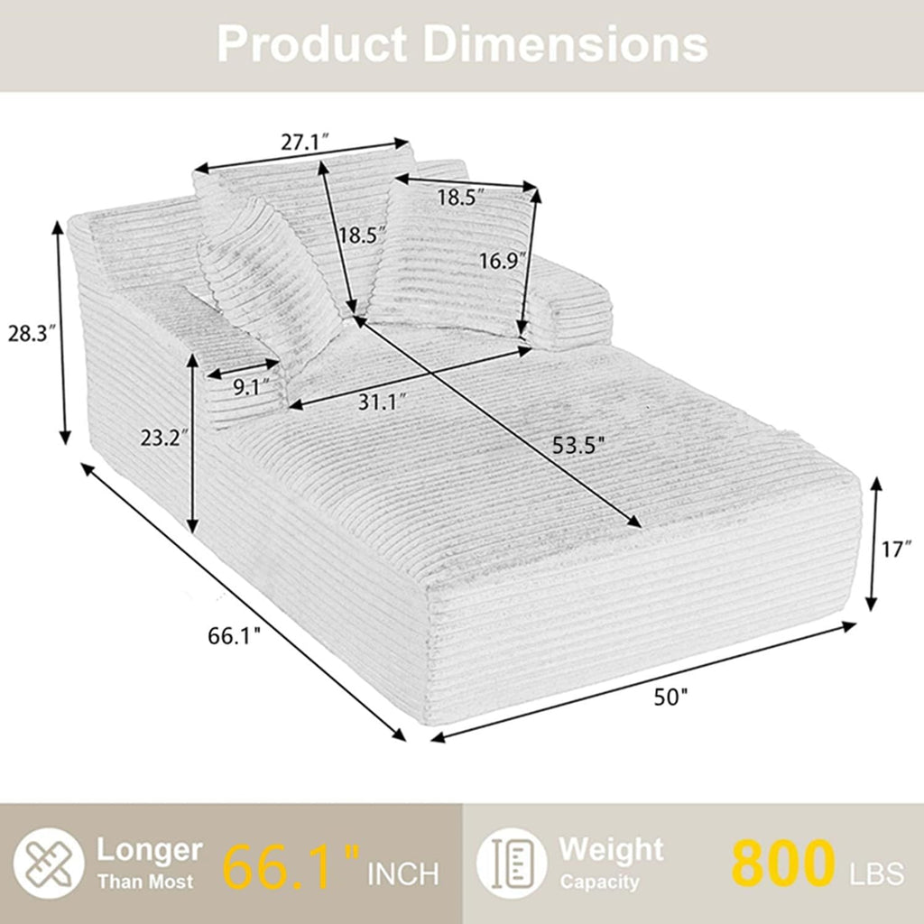 Oreada Oversized Boneless Chaise Lounge Chair Indoor, 66" Corduroy Oversized Comfy Reading Sleeper Chair Boneless Sofa Chaise Couch Bed with 3 Fluffy Pillows, No Assembly Required, Blue