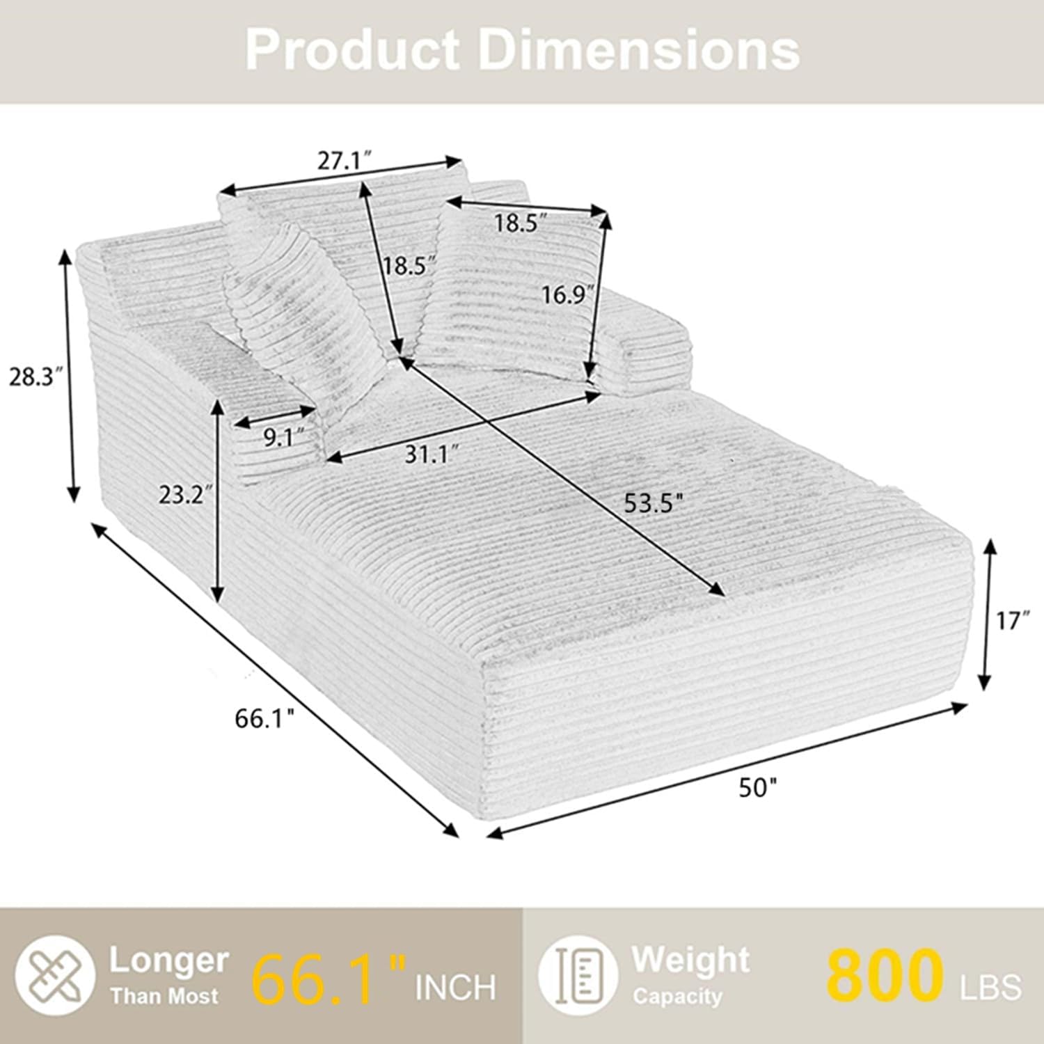 Oreada Oversized Boneless Chaise Lounge Chair Indoor, 66" Corduroy Oversized Comfy Reading Sleeper Chair Boneless Sofa Chaise Couch Bed with 3 Fluffy Pillows, No Assembly Required, Blue