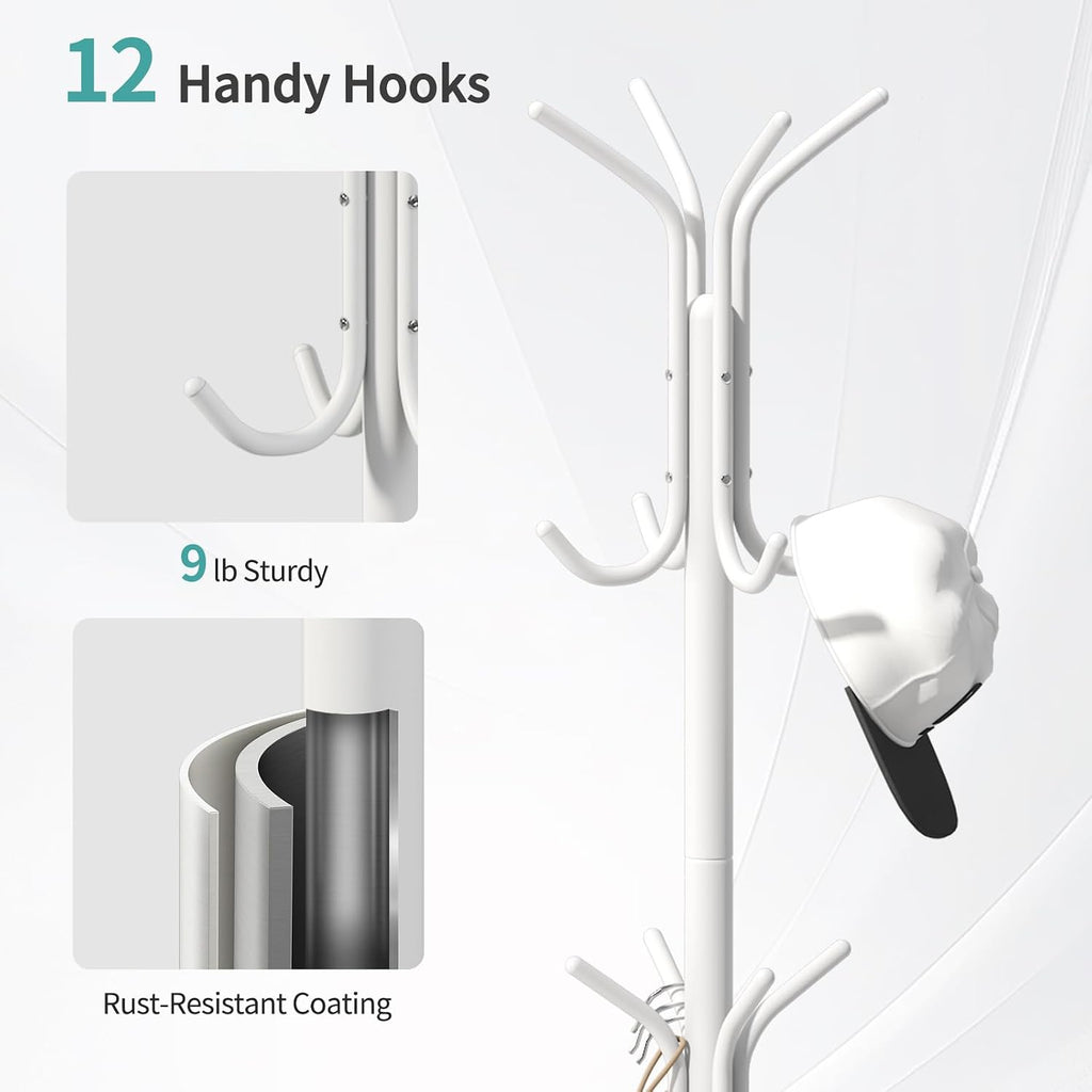 Coat Rack with Umbrella Holder, White Metal Coat Rack Stand with 12 Hooks, for Entryway, Hallway, Living Room, Bedroom