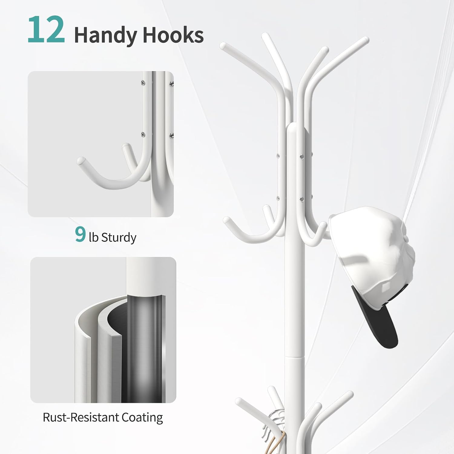 Coat Rack with Umbrella Holder, White Metal Coat Rack Stand with 12 Hooks, for Entryway, Hallway, Living Room, Bedroom