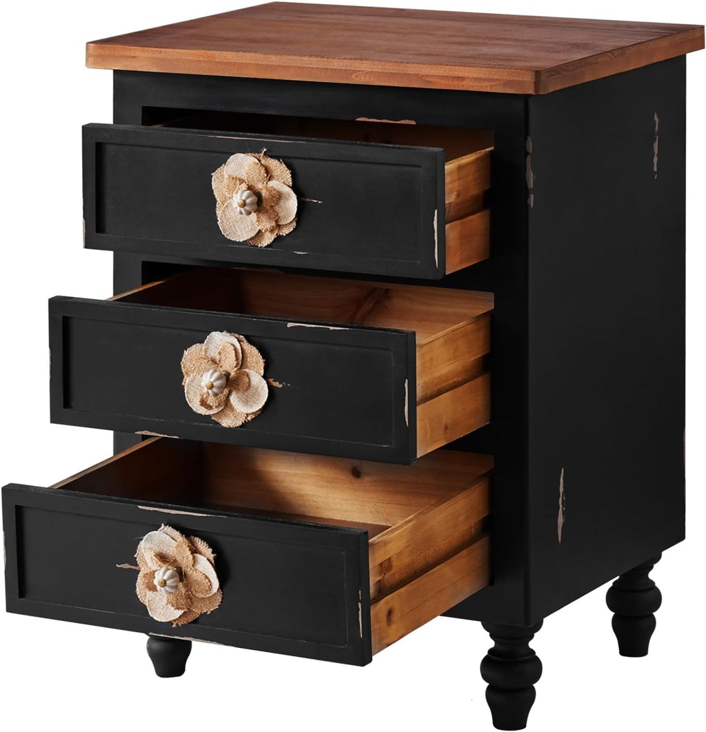 American Country Retro Style Side Table Cabinet, Classic Solid Wood Bedroom Bedside Table, Equipped with Three Drawers, Handcrafted Floral Handles (Antique Black+Walnut)