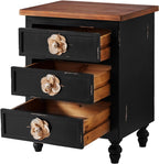 American Country Retro Style Side Table Cabinet, Classic Solid Wood Bedroom Bedside Table, Equipped with Three Drawers, Handcrafted Floral Handles (Antique Black+Walnut)
