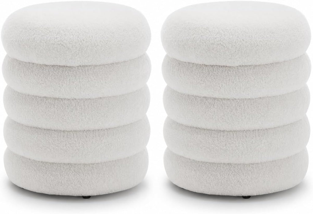 White Round Ottoman with Storage Upholstered Sherpa Foot Stool Ottoman Small Boucle Foot Rest Pouf for Living Room/Entryway, Set of 2