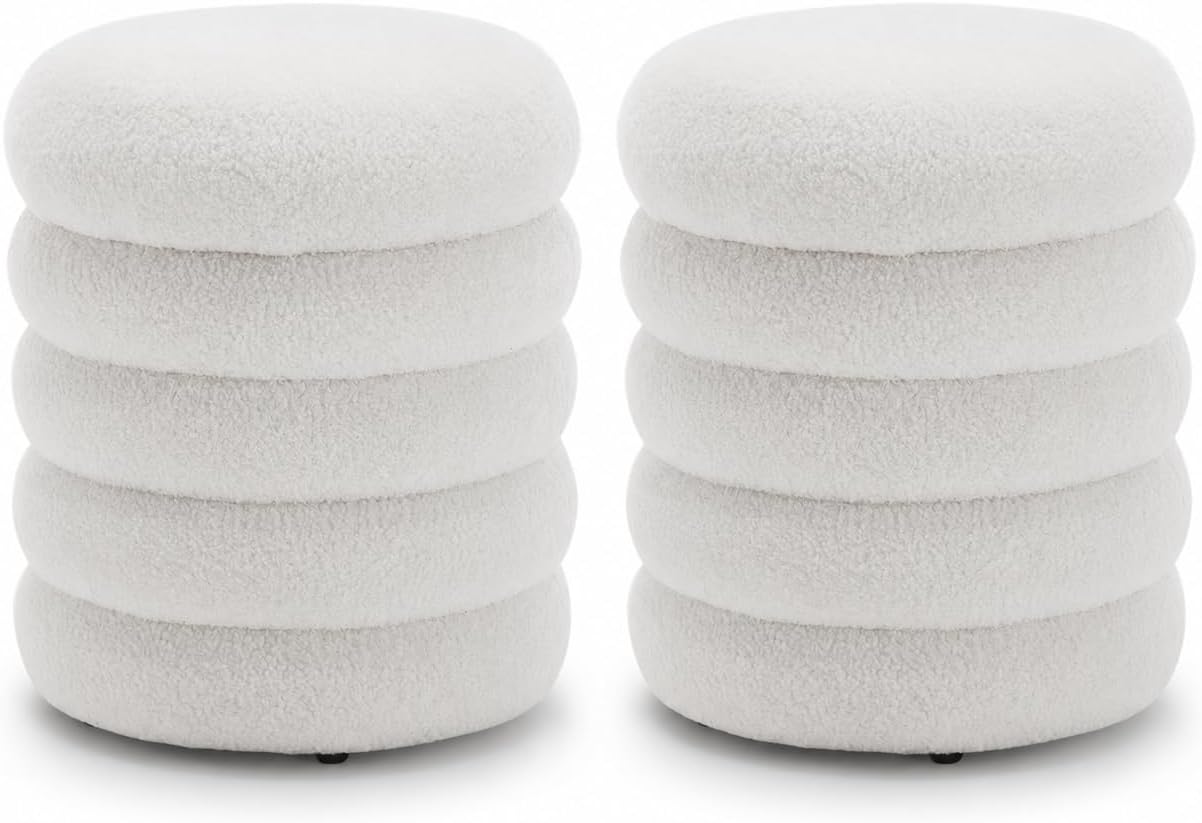 White Round Ottoman with Storage Upholstered Sherpa Foot Stool Ottoman Small Boucle Foot Rest Pouf for Living Room/Entryway, Set of 2