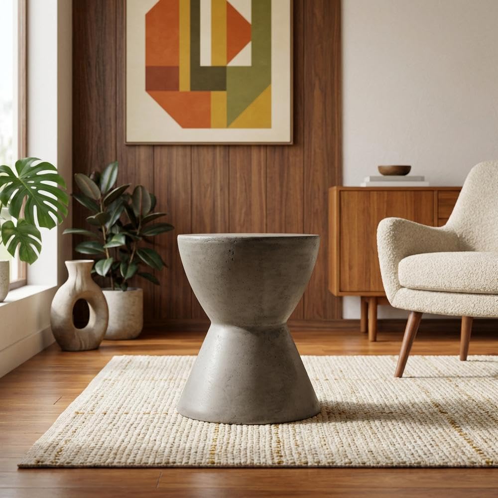 Starlight Canyon Home White Modern Concrete Round Accent Table, Indoor/Outdoor, 17.7-Inch Height, Durable, Versatile for Living Room, Patio