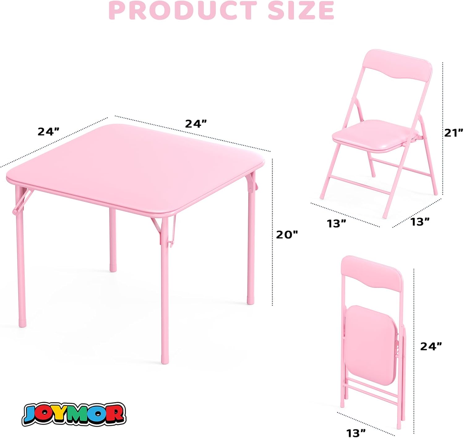 JOYMOR Kids Folding Table and Chairs Set, 3-Piece Metal Frame Activity Set with Easy-Fold Design for Playroom & Classroom (Pink)