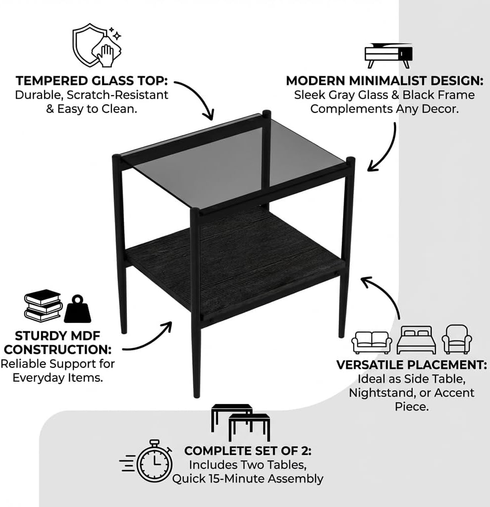 Set of 2 Rectangle End Tables, Modern Living Room Glass End Table Side Tables with Tempered Glass Top and MDF Base, Gray