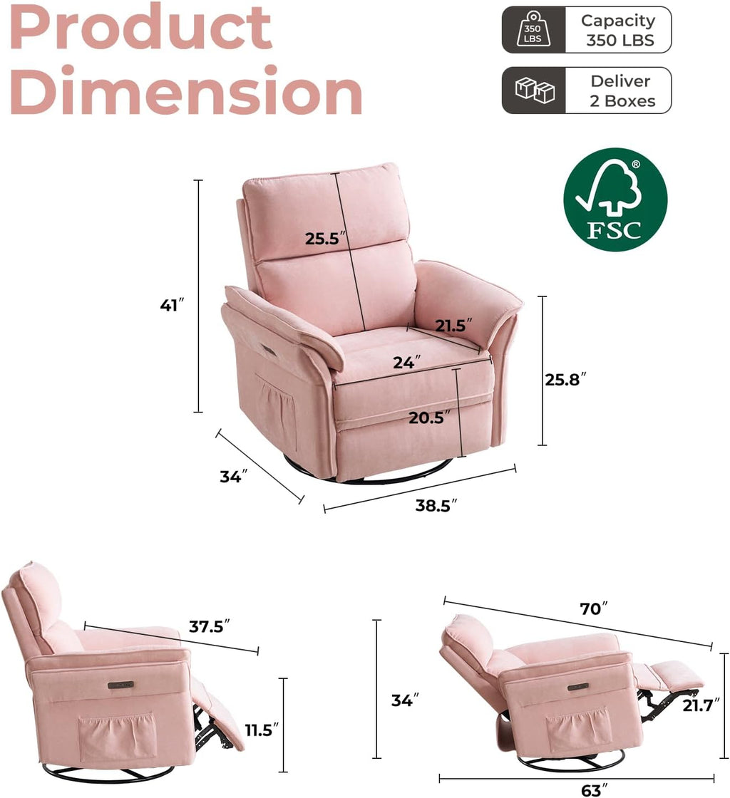 Power Swivel Rocker Recliner, Glider Recliner Nursery Chair with Massage and Heat, Nursery Rocking Chairs with Adjustable Headrest for Living Room，USB Ports,Side Pockets,Chenille Pink