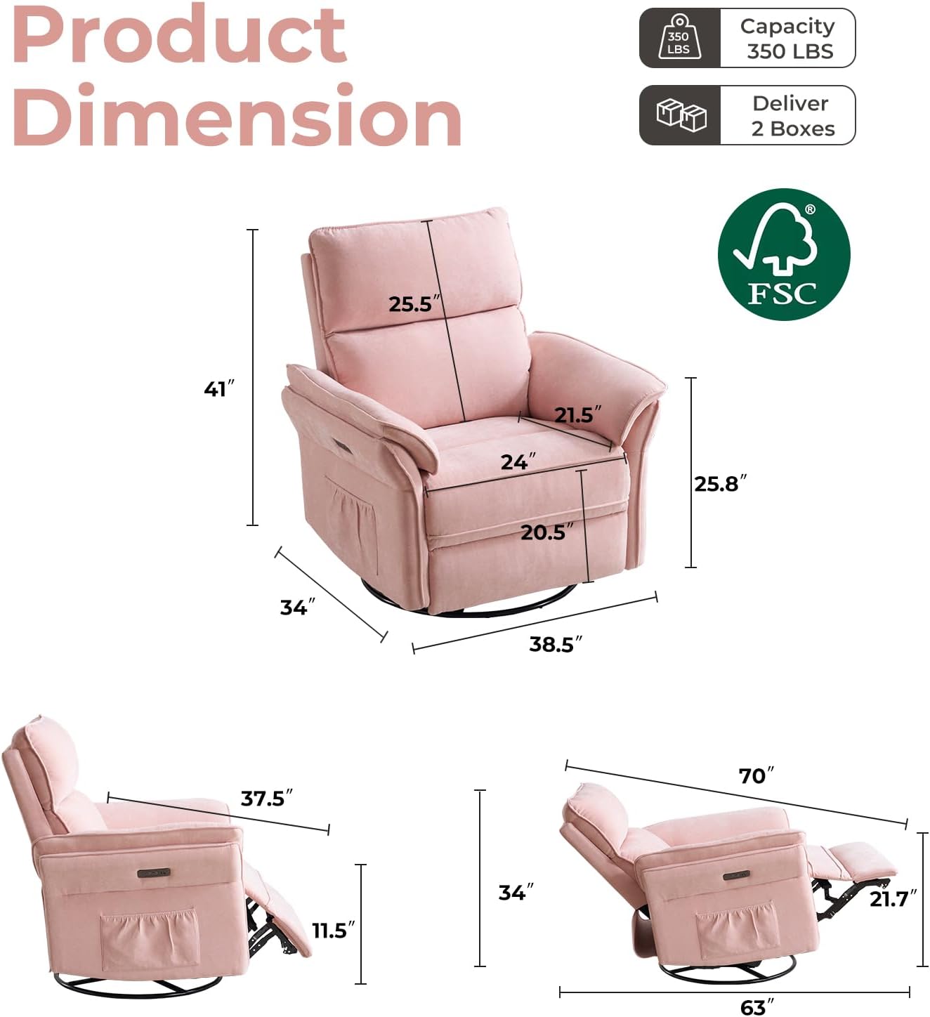 Power Swivel Rocker Recliner, Glider Recliner Nursery Chair with Massage and Heat, Nursery Rocking Chairs with Adjustable Headrest for Living Room，USB Ports,Side Pockets,Chenille Pink