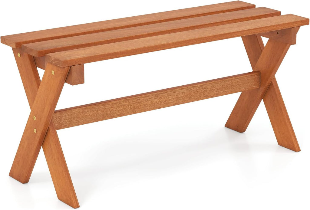 Tangkula Outdoor Wood Bench Backless, Patio Dining Bench with Teak Oil Finish & Slatted Seat, X-Shaped Frame, Farmhouse Wooden Bench Plant Stand, Outside Bench for Porch, Garden, Entryway (1)