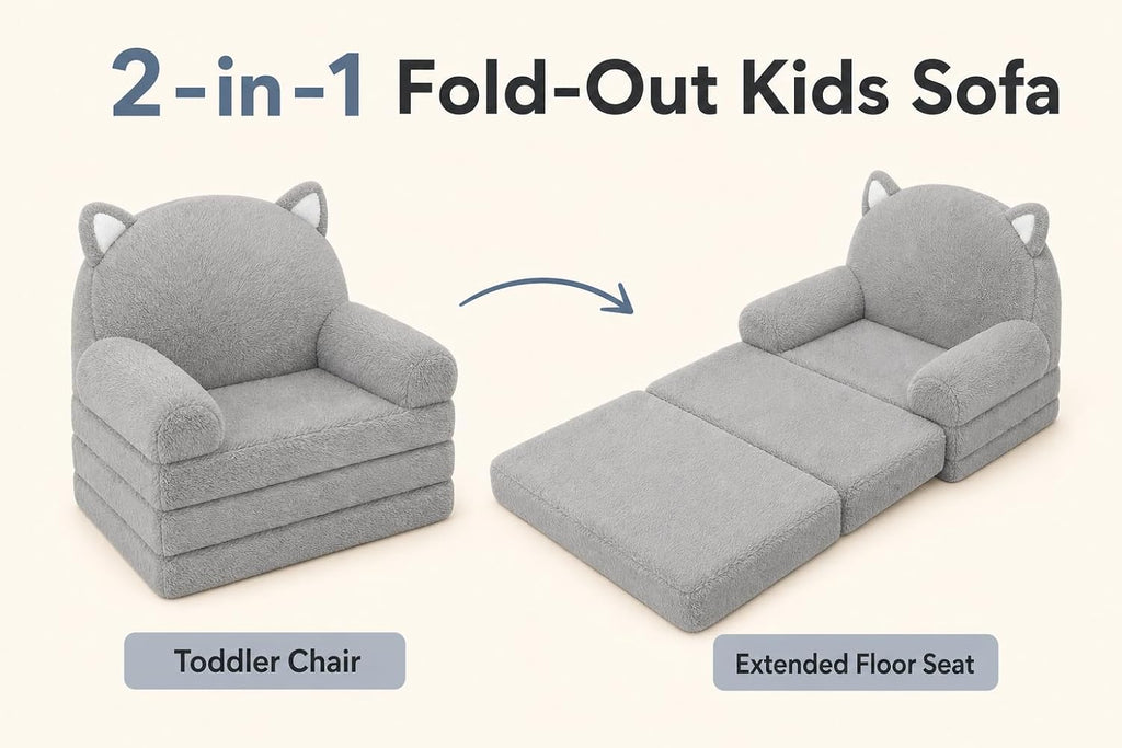 MONKISS Kids Couch, Comfy Toddler Chair, 2 in 1 Fold Out Kids Sofa, Baby Sitting Chair with Washable Cover, Toddler Furniture for Reading, TV and Playroom, Birthday Gifts, 1-4 Years Old, Grey Cat