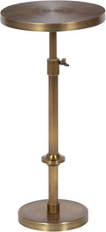 Kate and Laurel Engles Traditional Adjustable-Height Pedestal Drink Table; 10 x 10 x 30; Antique Brass; Vintage Round Indoor Metal Plant Stand with Embossed Sunburst Pattern