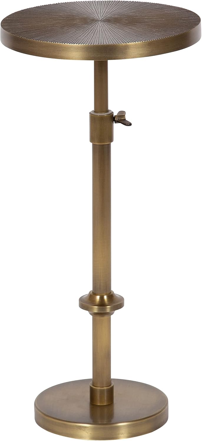 Kate and Laurel Engles Traditional Adjustable-Height Pedestal Drink Table; 10 x 10 x 30; Antique Brass; Vintage Round Indoor Metal Plant Stand with Embossed Sunburst Pattern