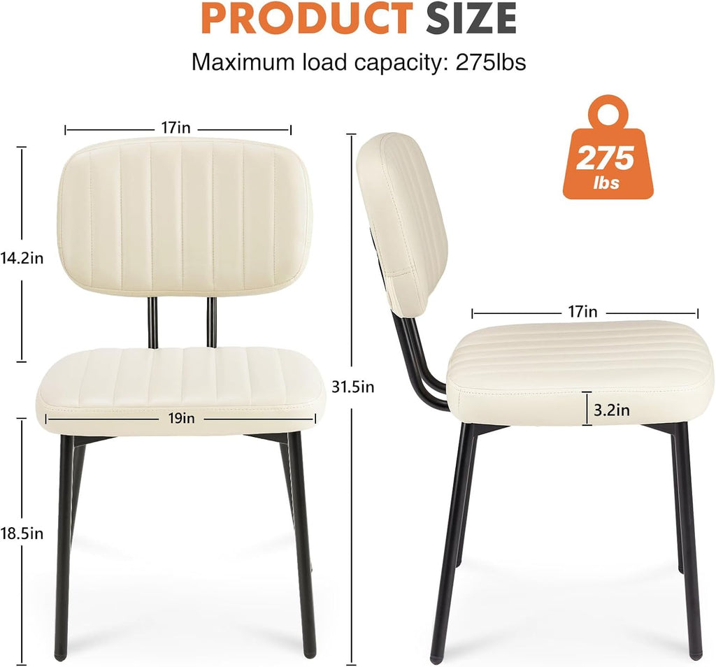 Sweetcrispy Dining Chairs Set of 2, Upholstered Mid Century Modern Kitchen Accent Chairs with Faux Leather Cushion Seat & Metal Legs for Home Office, Living Room-Beige White