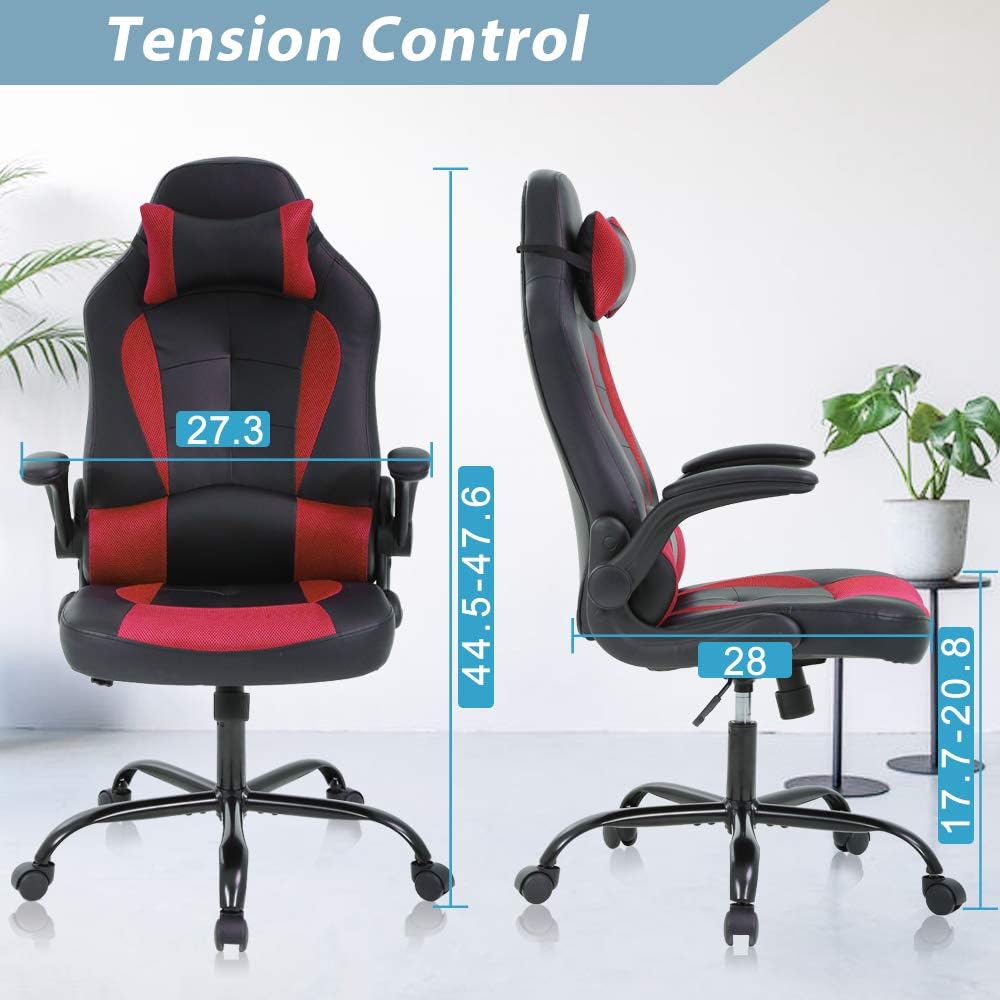 Red Gaming Chair, Ergonomic High Back Executive Office Chair with Flip-Up Arms, Adjustable Height, PU Leather, 300 lbs Weight Capacity