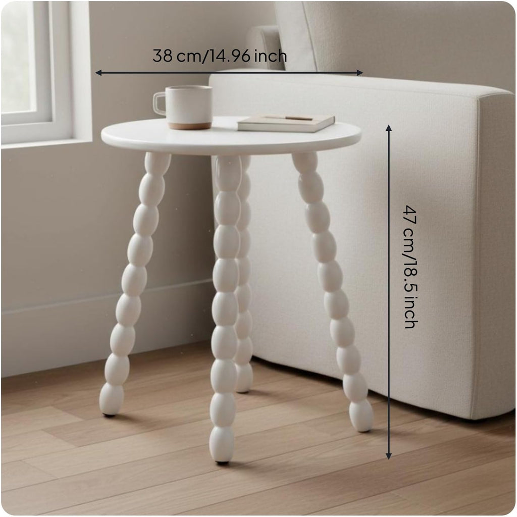 Qianly Round Bobbin Leg Table Solid Wood Bobbin Leg Side Table Space Saving Vintage Design Nightstand for Living Room, Bedroom, White