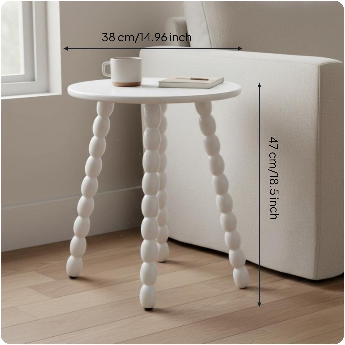 Qianly Round Bobbin Leg Table Solid Wood Bobbin Leg Side Table Space Saving Vintage Design Nightstand for Living Room, Bedroom, White