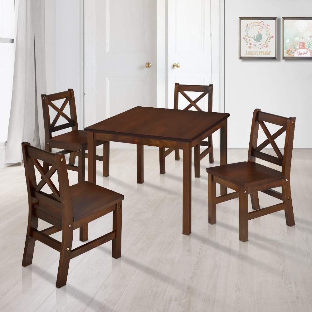 eHemco Solid Hard Wood Kids Table and Chair Set, Coffee, 5 Piece | 4 Chairs Included, Rubberwood