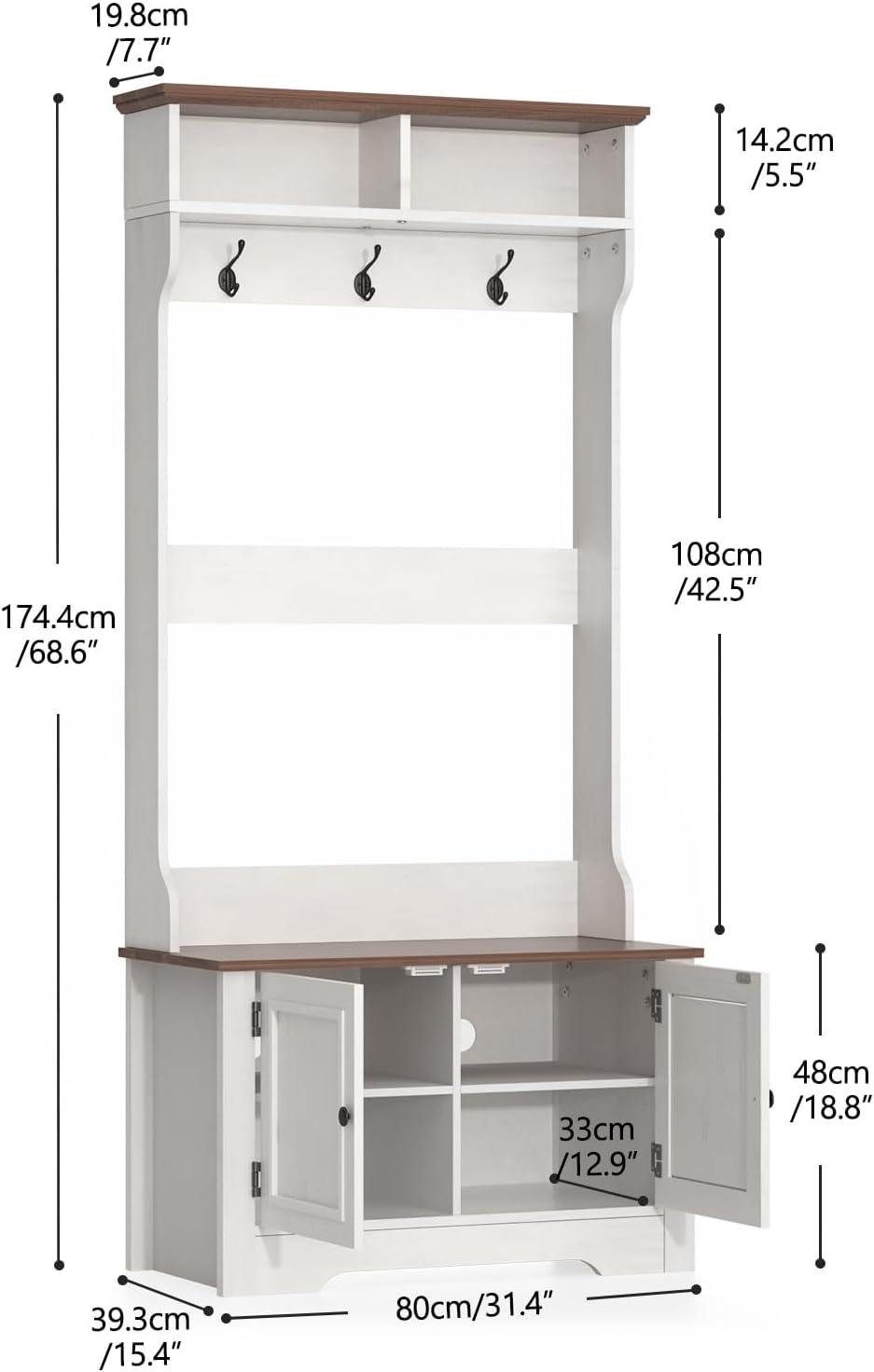 Hall Tree with Shoe Rack, 5-in-1 Farmhouse Coat Rack with Shoe Bench, Standing Shoe Storage with 3 Hooks for Front Door Entrance Mudroom Entryway Bedroom Hallway Living Room, White and Walnut