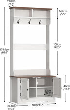 Hall Tree with Shoe Rack, 5-in-1 Farmhouse Coat Rack with Shoe Bench, Standing Shoe Storage with 3 Hooks for Front Door Entrance Mudroom Entryway Bedroom Hallway Living Room, White and Walnut