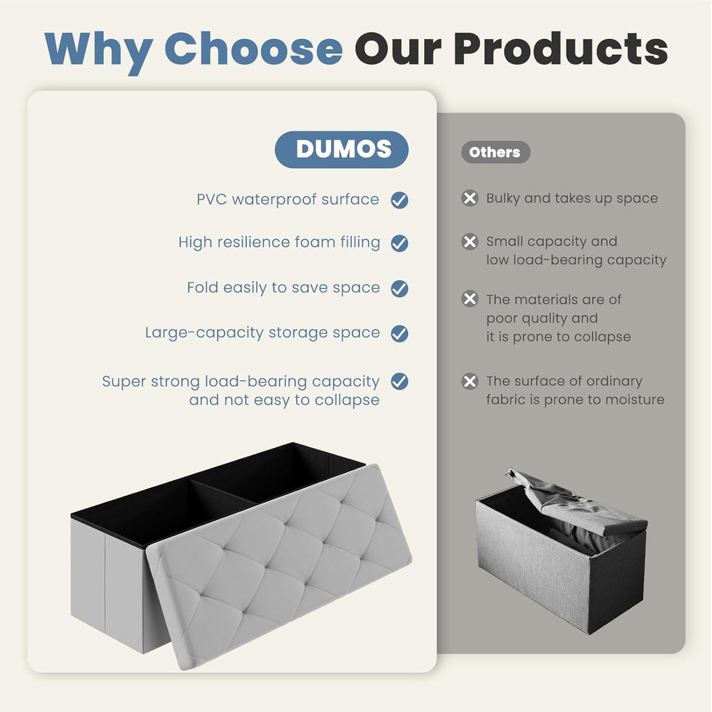 DUMOS 43 Inches Folding Ottoman with Storage Bench, Foot Rest Stool, End of Bed Storage Bench Upholstered, Load 660 lbs, for Living Room, Synthetic Leather, Grey