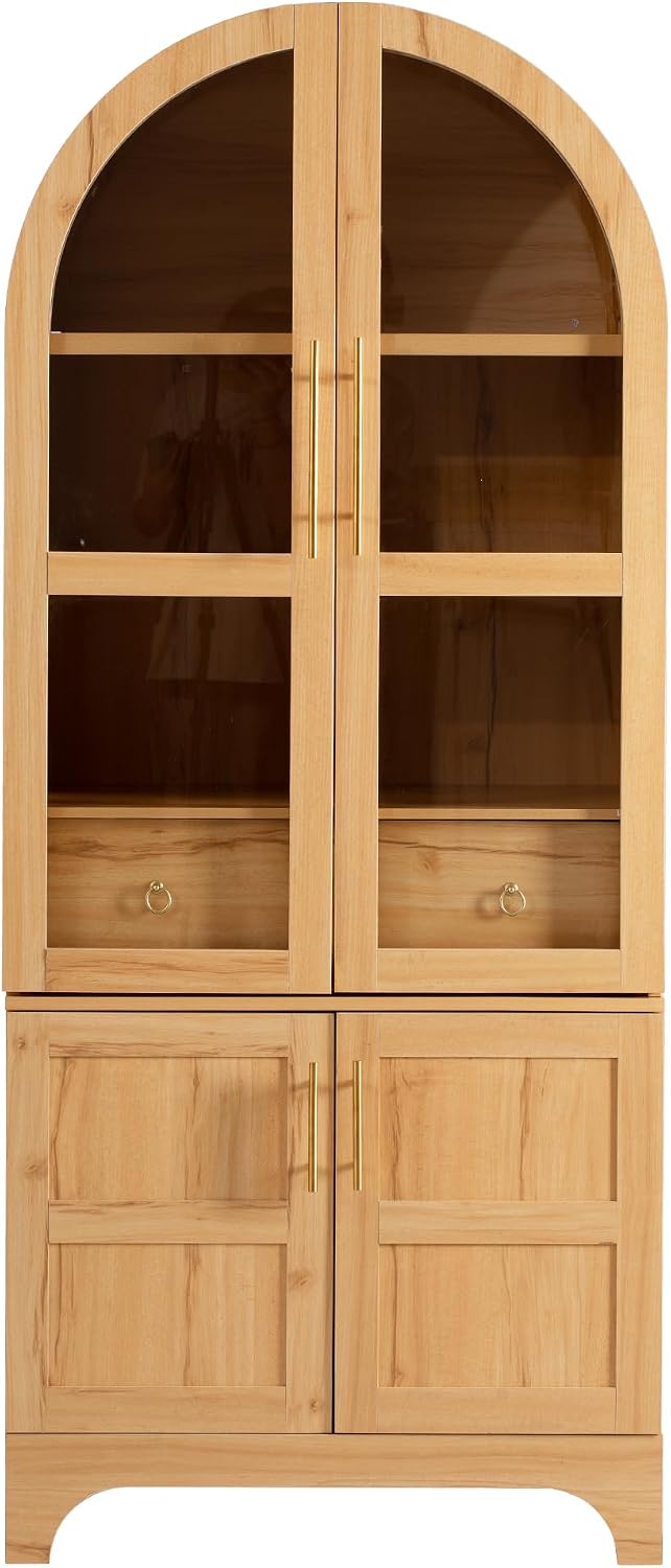 SOFTSEA Arched Kitchen Pantry Cabinet, with Hidden Drawer & Glass Door, 71" Tall Farmhouse Storage Cabinet with Open & Adjustable Shelves, Kitchen Hutch with Door Shelves for Living Room, Natural