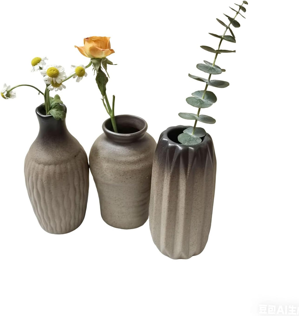 Daittin 3 Pcs Mini Ceramic Vases, Rustic Small Pottery Vases for Home Decor, Boho Flower Vases Set for Table Centerpiece, Shelf, Living Room, Bedroom, Office