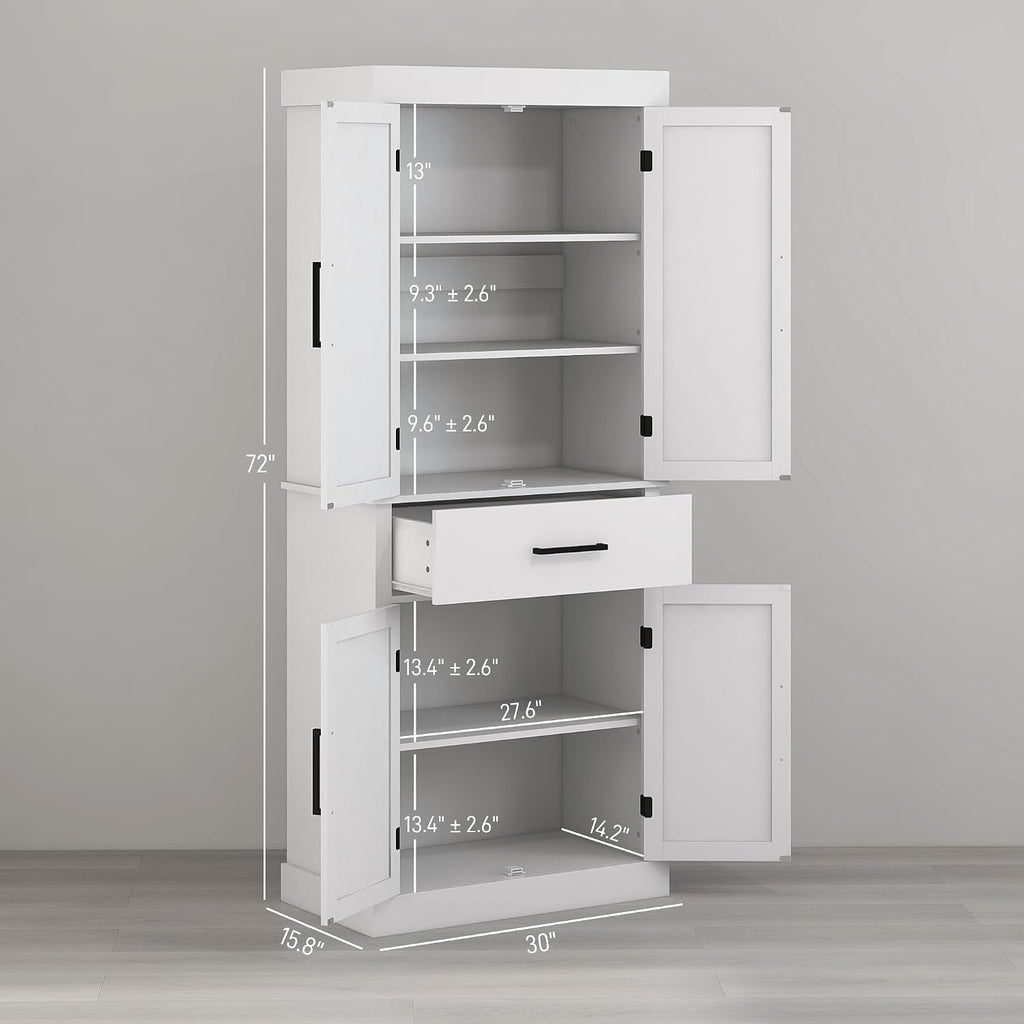 72" Tall Kitchen Pantry Storage Cabinet, Farmhouse Freestanding Kitchen Cabinet with 4 Barn Doors, Drawer, 5-Tier Shelf and Adjustable Shelves, White,15.8 * 30 * 72