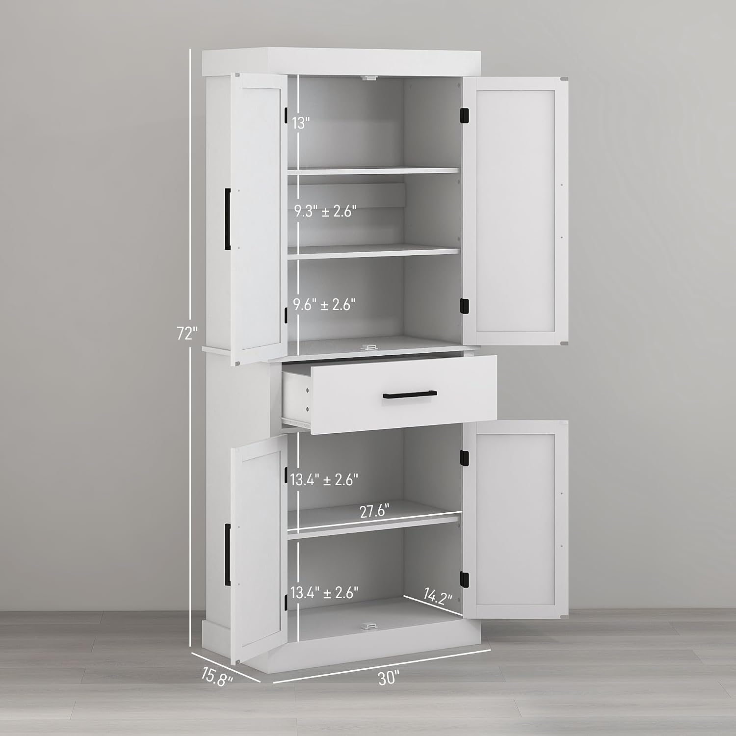 72" Tall Kitchen Pantry Storage Cabinet, Farmhouse Freestanding Kitchen Cabinet with 4 Barn Doors, Drawer, 5-Tier Shelf and Adjustable Shelves, White,15.8 * 30 * 72