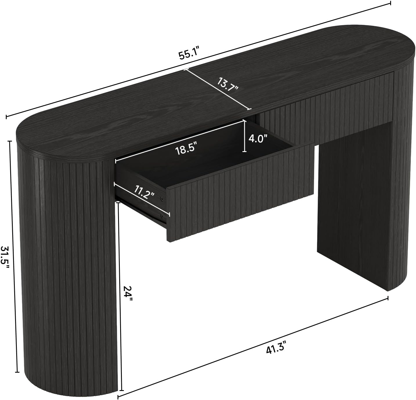Entryway Table with Storage, Mid-Century Console Tables with 2 Drawers, Modern Fluted Sofa Table Behind The Couch, Foyer Tables for Entryway, Couch,Livingroom (Black, 55 Inches)