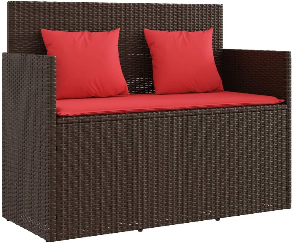 Brown Poly Rattan Outdoor Storage Bench with Cushion, PE Rattan Patio Seating with Waterproof Storage Bag and Gas Spring Lid