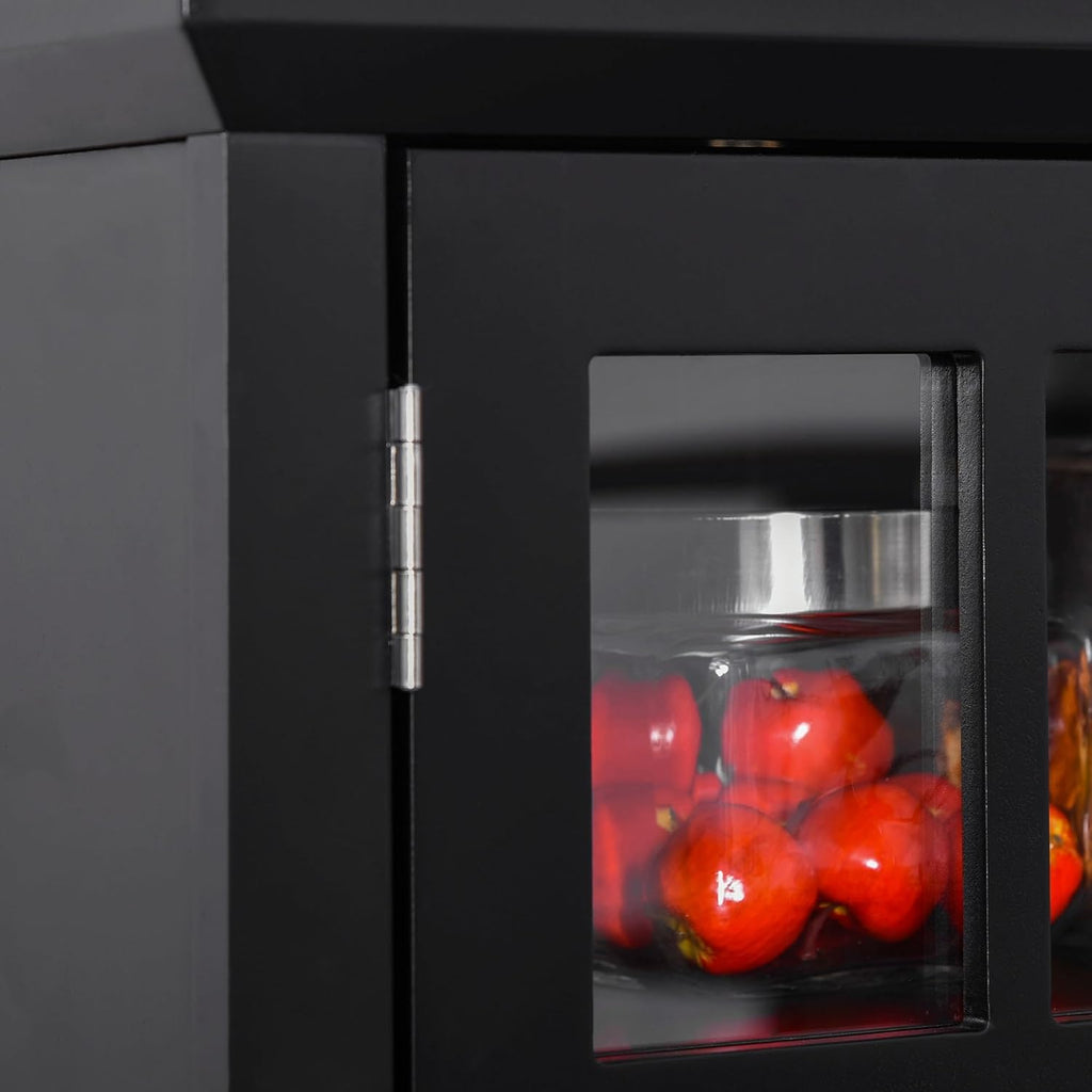 Kitchen Pantry Storage Cabinet with Framed Glass Door Drawer and Microwave Space, Black,for Kitchen