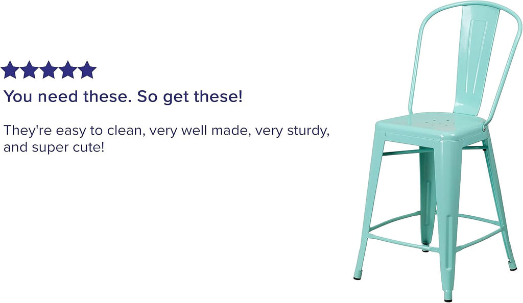 Flash Furniture Carly Commercial Grade 24" High Mint Green Metal Indoor-Outdoor Counter Height Stool with Back