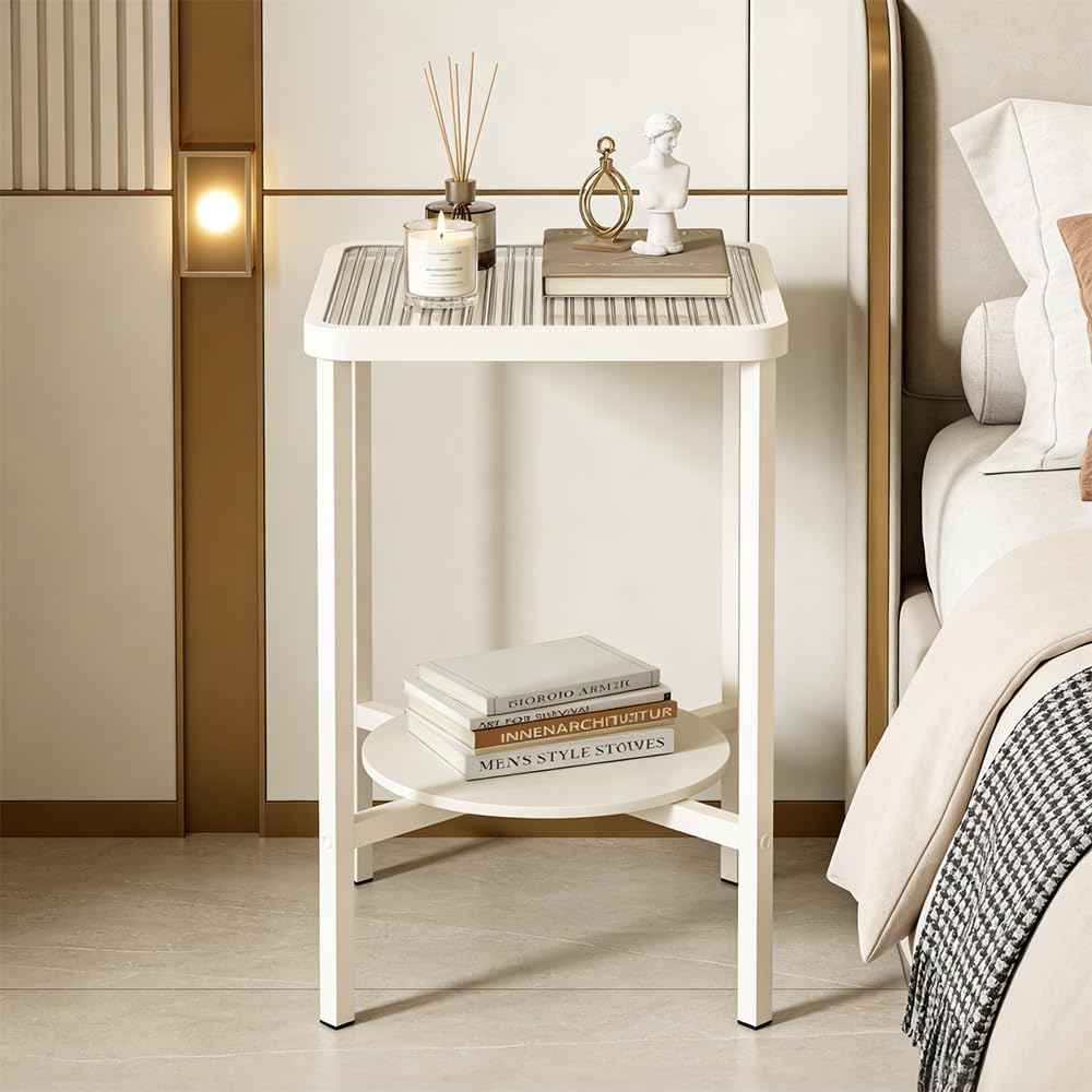 2-Tier Small End Table Side Table for Living Room, Boho Night Stand Square Nightstand with Tempered Glass Tabletop & Marble Storage Shelf, Accent Side Table for Small Spaces, Bedroom, Outdoor (White)