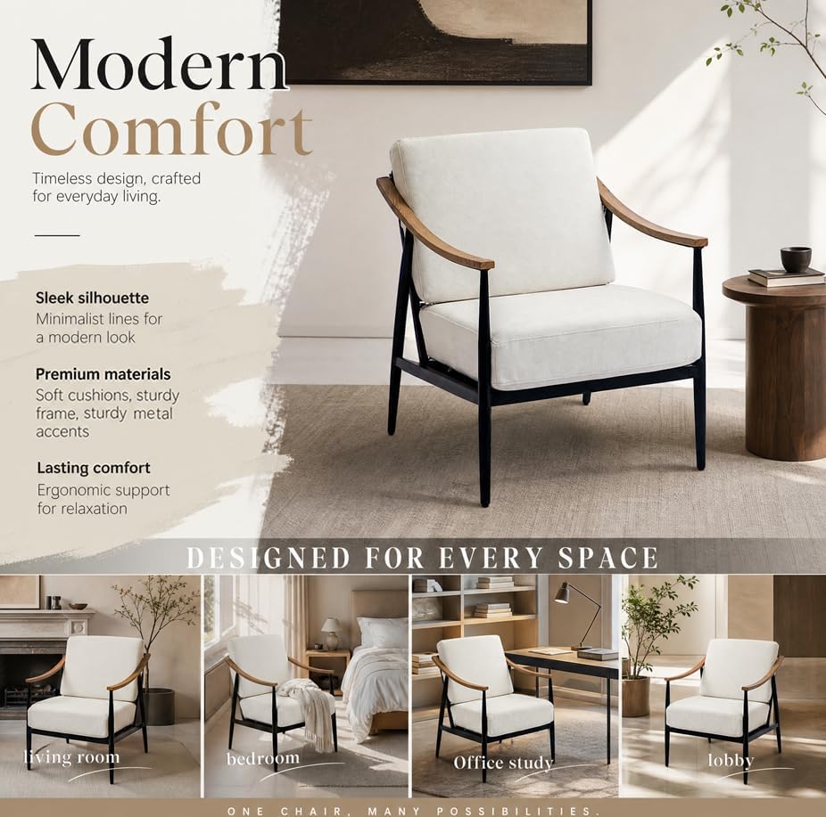 RNKSFX Modern Accent Chairs Set of 2 for Living Room Bedroom Mid Century Arm Chairs Upholstered Office Accent Chairs Comfy Waiting Room Chairs with Metal Frame, Cream White