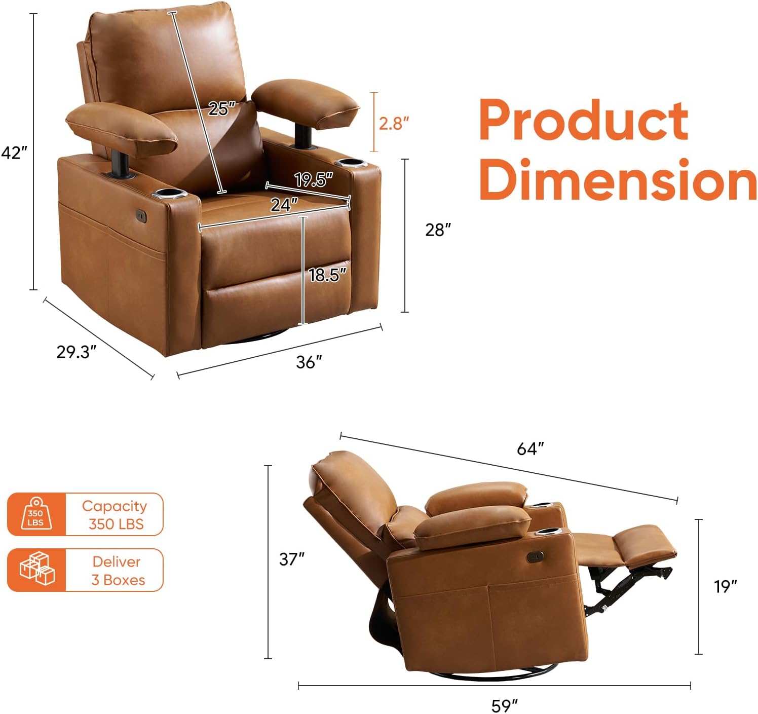 270 Swivel Rocker Recliner with Adjustable Memory Armrests, Oversized Power Nursery Recliner with Heating and Massage, Rocking Chair with One-Touch Reset, Double Cup Holder, Faux Leather, Camel