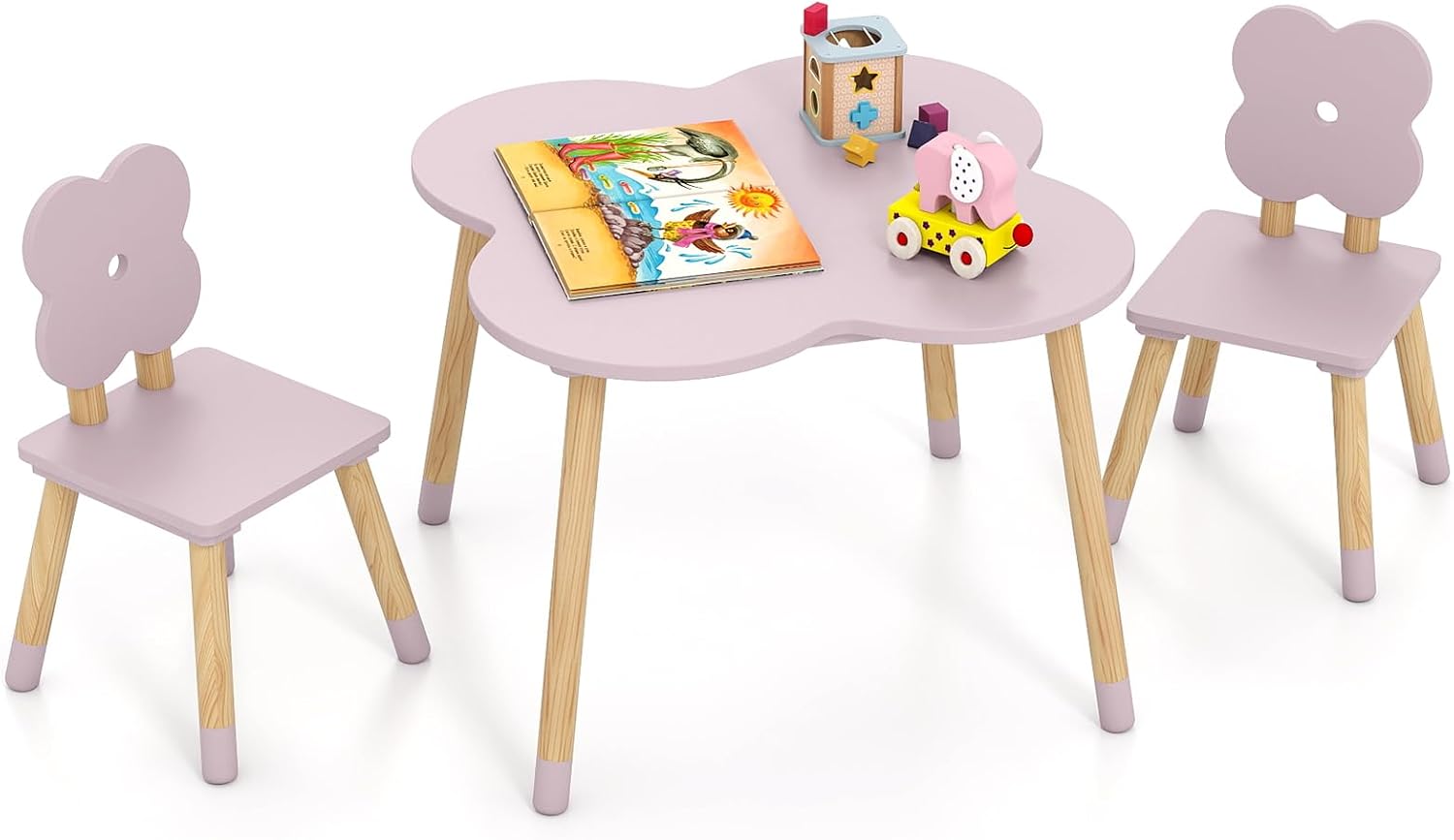 Costzon Kids Table and Chairs, Wooden Toddler Desk Set for Play, Art, Craft, Reading, Learning and Eating, Multi-Activity Table and Chairs for Classroom Daycare Home (Pink, Flower-Shaped)