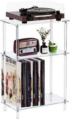 DICOSMETIC Clear Acrylic Record Player Stand 3-Tier Small Side Turntable Table Vinyl Record Storage Turntable Stand 40x20x65cm Modern Bedside End Table for Living Room, Bedroom