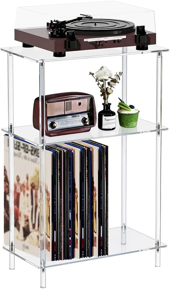 DICOSMETIC Clear Acrylic Record Player Stand 3-Tier Small Side Turntable Table Vinyl Record Storage Turntable Stand 40x20x65cm Modern Bedside End Table for Living Room, Bedroom