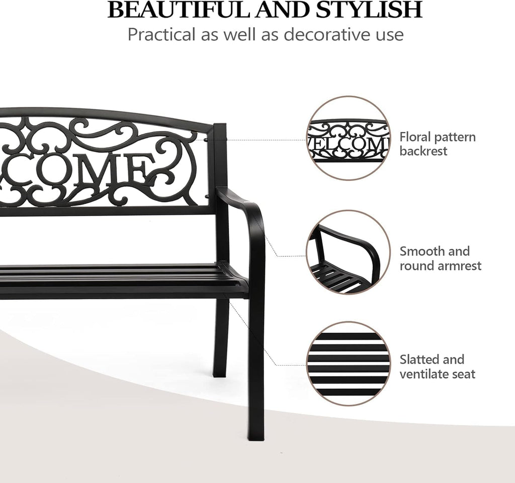 VINGLI Outdoor Bench with PVC Welcome Back Pattern, Rust-Resistant Metal Black Garden Bench, Porch Steel Bench for Patio, Porch, Park, Lawn Decor