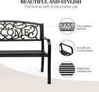 VINGLI Outdoor Bench with PVC Welcome Back Pattern, Rust-Resistant Metal Black Garden Bench, Porch Steel Bench for Patio, Porch, Park, Lawn Decor