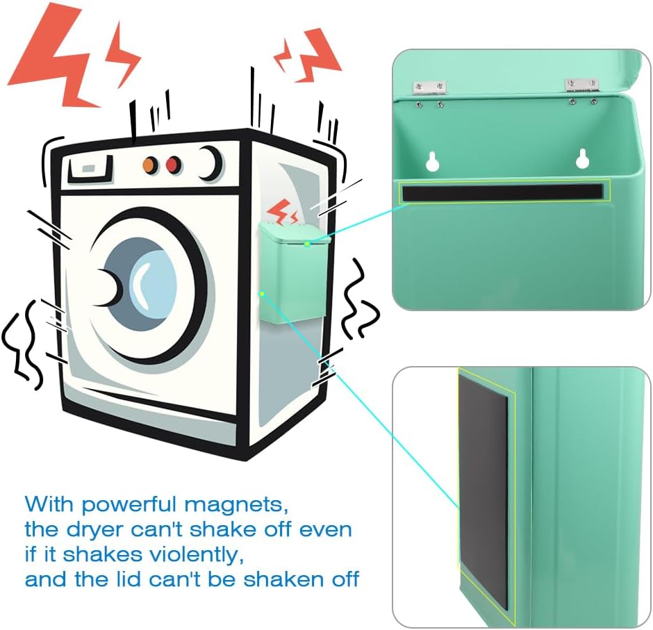 Picowe Magnetic Laundry Storage, Large Metal Lint Holder Bin with Lid for Laundry Room, Space-Saving Trash Container Hanging on Dryer, Washer or Wall Mount Trash Bin (Green)