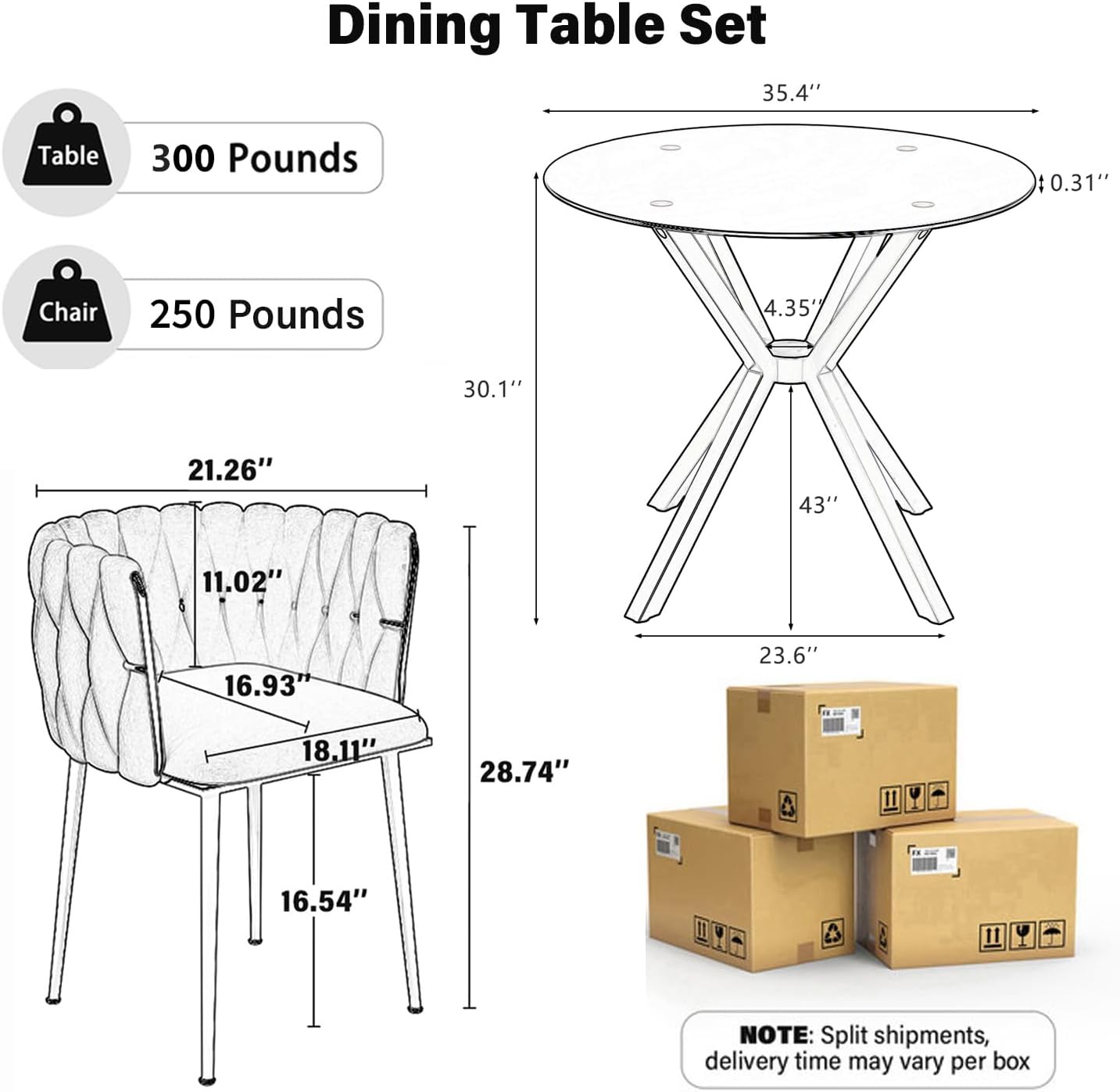Baysitone Modern 5-Piece Dining Set with 36" Round Glass Table & 4 Woven Velvet Upholstered Dining Chairs, Gold Metal Table Legs, Kitchen & Dining Room Furniture for Small Spaces(Gray&Gold)