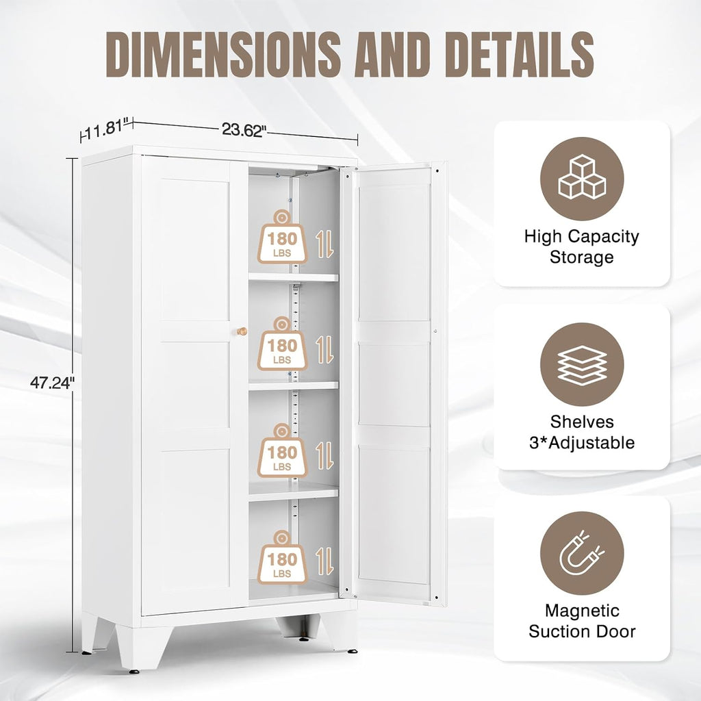 Yizosh Metal Storage Cabinet with Doors and 3 Adjustable Shelves - 47" White Kitchen Pantry Storage Cabinet Locker for Kitchen,Living Room,Dining Room