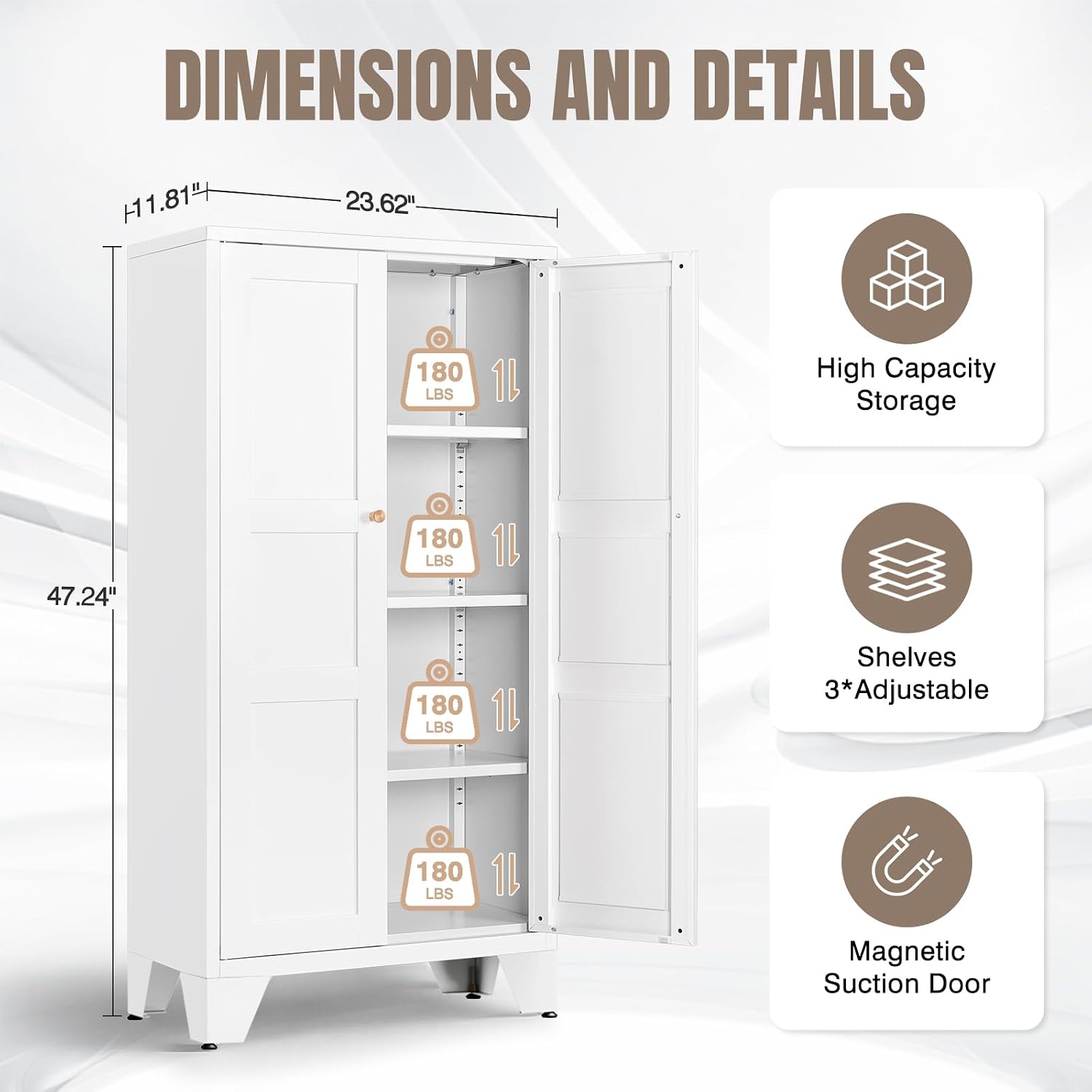 Yizosh Metal Storage Cabinet with Doors and 3 Adjustable Shelves - 47" White Kitchen Pantry Storage Cabinet Locker for Kitchen,Living Room,Dining Room