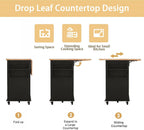 JassmiPkwy 67’’ Movable Kitchen Island with Drop Leaf and Power Outlet, Lockable Sliding Countertop Rolling Island Cart with 2 Large Drawers, Spice, Towel Rack,Black