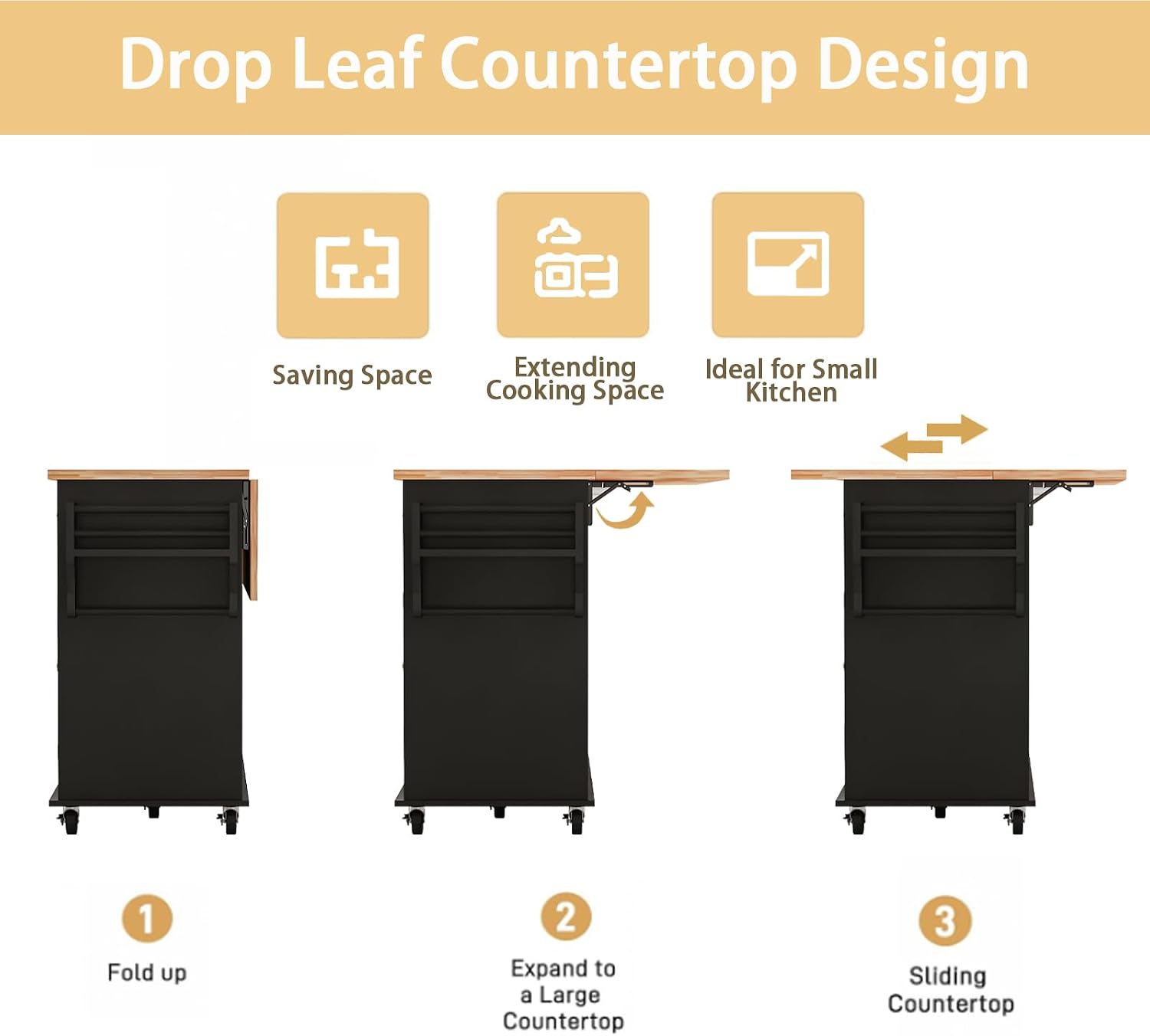 JassmiPkwy 67’’ Movable Kitchen Island with Drop Leaf and Power Outlet, Lockable Sliding Countertop Rolling Island Cart with 2 Large Drawers, Spice, Towel Rack,Black