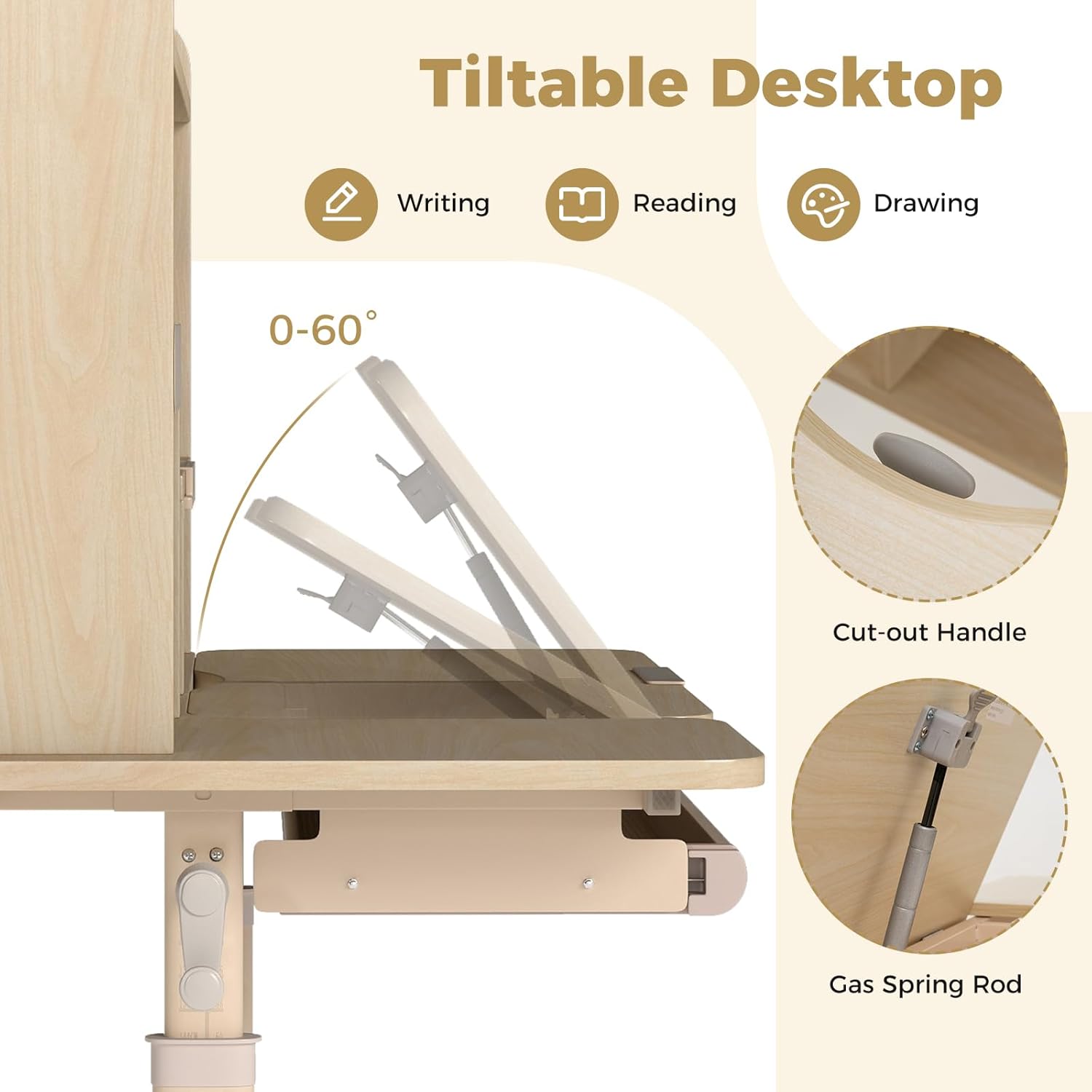 Costzon Kids Desk, Height Adjustable Student Table w/Tilt Desktop, Retractable Book Stand, Hutch, Drawer, Pen Holder, Tray & Scale Ruler, Children Study Desk for Reading Writing Drawing